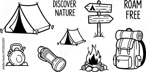 Doodle style black and white camping and outdoor adventure illustrations with quotes.