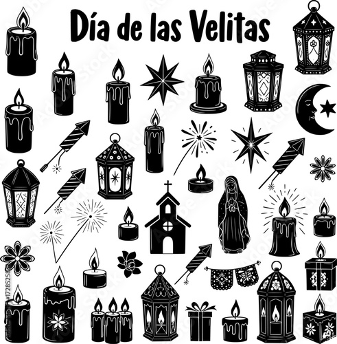"D?a de las Velitas" (Day of the Little Candles) Vector Set. Traditional Colombian Holiday Elements: Candles, Lanterns, Fireworks, Virgin Mary, Church, Stars, and Festive Symbols.
