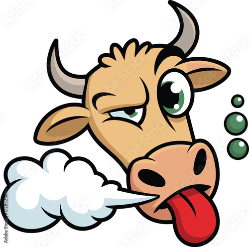 A Funny Cartoon Cow or Bull Head with a Tongue Sticking Out and Exhaling Smoke or Vapor, Looking Goofy with Uneven Eyes Vector Mascot Illustration.