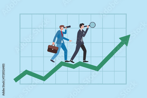 Two businessmen with spyglass and magnifying glass walking on a rising green graph representing financial growth and future opportunities
