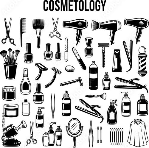 Professional Cosmetology Tools  Beauty Products Vector Illustration Set: Hairdryers, Brushes, Makeup, Nail Polish, Razors, Scissors for Salon  Personal Care