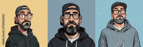 Three distinct portraits of a bearded man in hoodies. Each portrait captures a different expression against colorful backgrounds, highlighting his features and style.