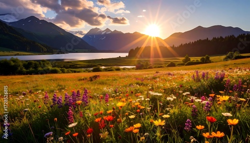 Fototapeta Naklejka Na Ścianę i Meble -  Vibrant sunset over a serene lake and a field of wildflowers, nestled amidst majestic mountains