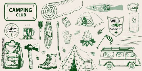 Collection of hand drawn camping gear and outdoor adventure elements in green ink