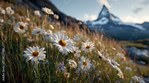 Alpine Daisies Blooming with Matterhorn Mountain in Summer Landscape