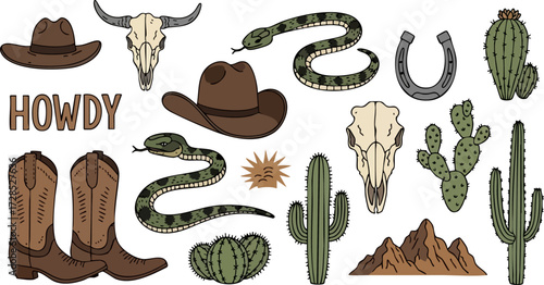 Hand-drawn Western Cowboy Doodle Icon Set with Cactus, Skull, Snake, and Boots