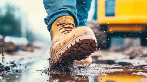 Close-up of work boots walking through mud