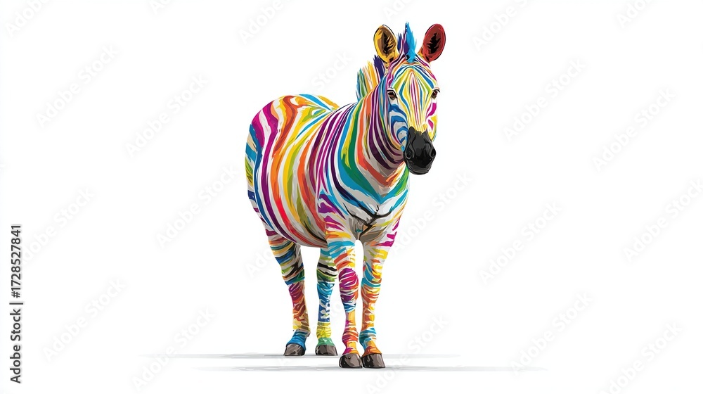Obraz premium A vibrantly colored zebra, rendered in a variety of swirling rainbow hues, stands against a stark white background, showcasing its unique, painted coat