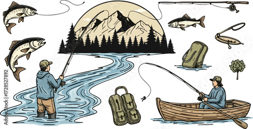Illustrated Fishing Scene with Anglers, Fish, River, Mountains, and Gear