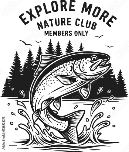 Leaping Trout Illustration for Nature Club with Water Splashes and Forest