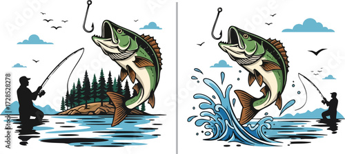 Leaping Largemouth Bass with Hook, Green and Brown Fish Illustration
