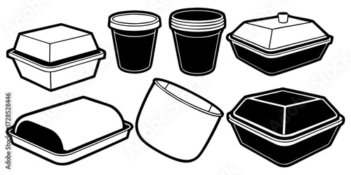 A collection of realistic white foam food containers, shown from various angles including top view, side view, and perspective view. Some containers are closed, while others are open showing the insid