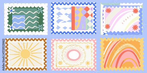 Collection of six colorful and playful abstract postage stamp designs with wavy borders and simple motifs