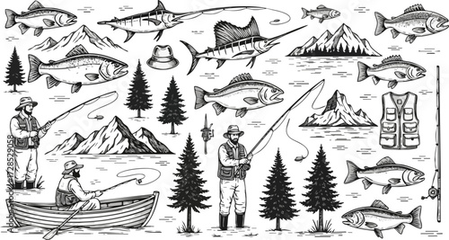 Monochrome Fishing Elements Collection: Detailed Fish, Anglers, Rods, and Outdoor Gear.