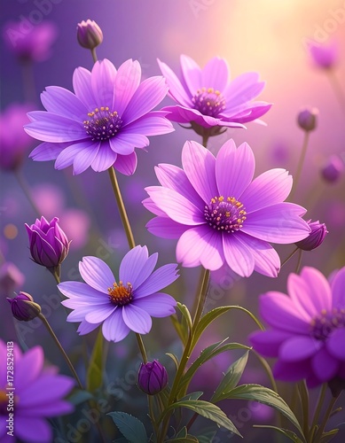 Soft-focus purple cosmos flowers in sunset light