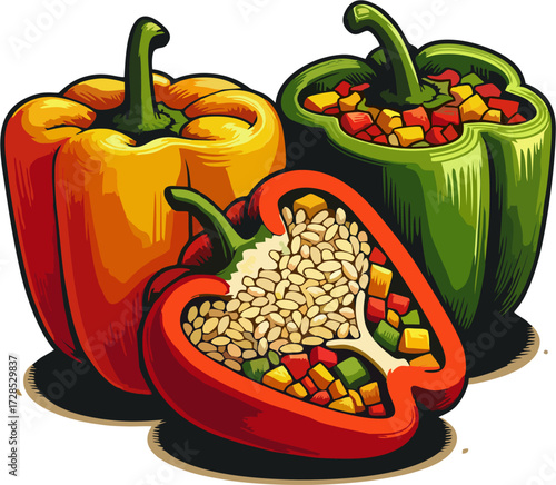 Stuffed Bell Peppers Vector Illustration with Rice and Vegetables, Isolated Colorful Paprika Food Clip Art