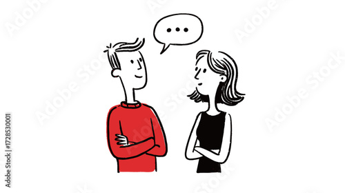 A man in a red sweater and a woman in a black top stand facing each other. They appear to be having a conversation, with thoughtful expressions and crossed arms.
