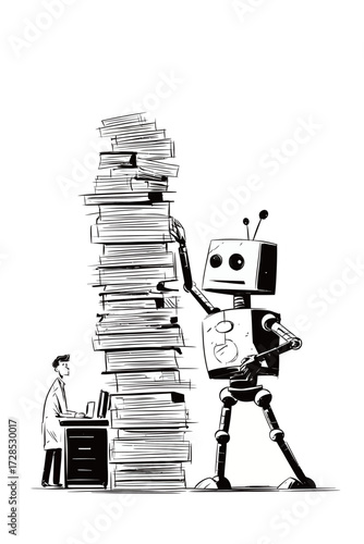 In a unique office scene, a large robot assists a scientist by reaching for a towering stack of papers while the scientist looks on with curiosity and surprise.