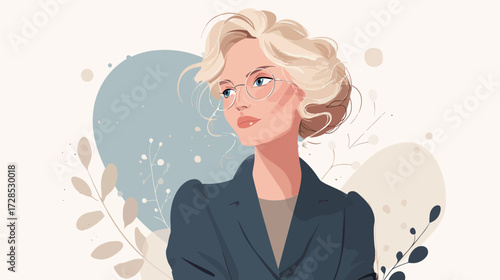 A woman with stylish blonde hair and glasses appears contemplative. She is dressed in a dark outfit, framed by soft pastel shapes and delicate plant elements in the background.