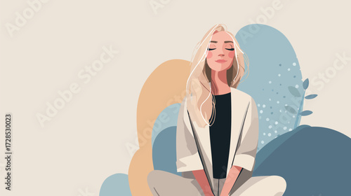 A woman sits peacefully in a meditative pose, surrounded by soft, colorful shapes. She has long blonde hair and a serene expression, embodying tranquility.