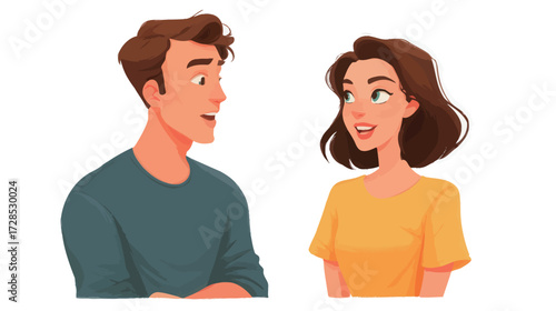 Two young adults engage in a lively conversation. The man has light brown hair and is wearing a green shirt while the woman, with dark brown hair, wears a yellow shirt.