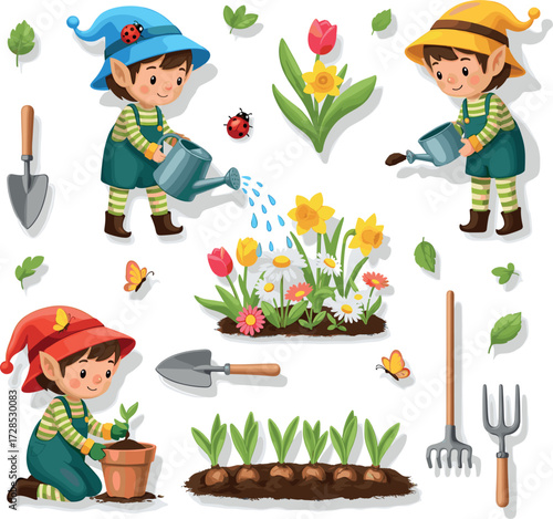 Cute cartoon children gardening planting flowers and vegetables in spring