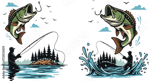 Set of two graphic vector illustrations of a fisherman catching a jumping largemouth bass.