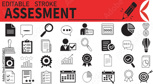 Assessment Icons – Editable Stroke Evaluation, Checklist, Data Analysis & Review Symbols