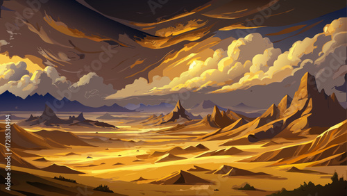 A vast golden desert landscape unfolds beneath a dramatic sky with dark clouds, where misty mountains rise beyond. A textured, painted impression captures this remote, mountainous terrain filled with 