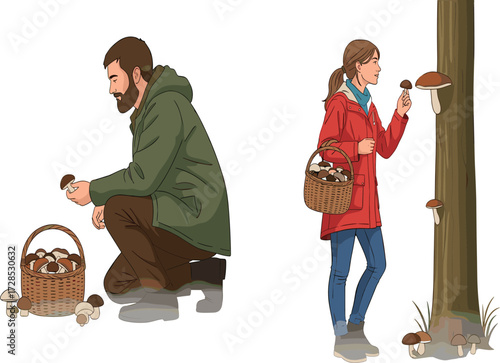 Couple harvesting mushrooms in autumn forest with basket, wild food foraging, outdoor lifestyle, organic nature activity, healthy rural sustainable living