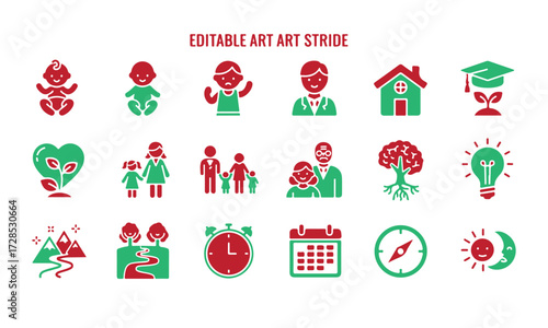 Colorful editable art style icons representing life and ideas
