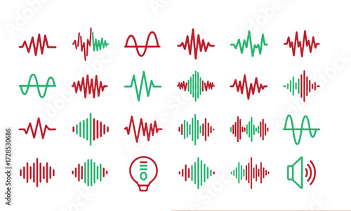 A vibrant collection of abstract sound wave and audio signal graphics in red and green, representing various audio frequencies and patterns.