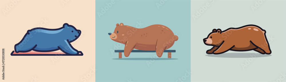Fototapeta premium Three cartoon bears engage in yoga poses. The first stretches, the second rests, and the third bends forward, showcasing a fun and lighthearted scene.