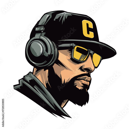 A man displays a confident expression, wearing a cap with a bold letter, sunglasses, and large headphones. His style reflects urban fashion and music culture.