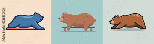 Three cartoon bears engage in yoga poses. The first stretches, the second rests, and the third bends forward, showcasing a fun and lighthearted scene.