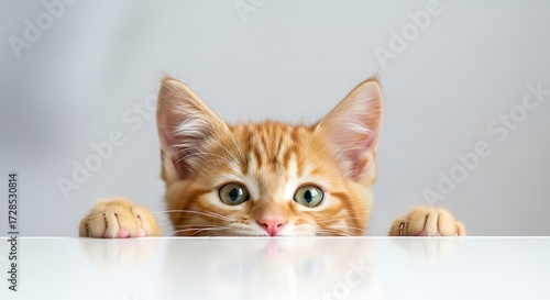 Curious Orange Kitten Peeking Over Table.