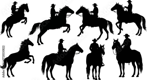 Silhouetted Cowboys Riding Horses in Various Poses, Black and White.