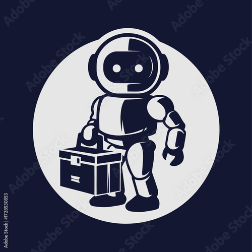 A robot character stands confidently holding a briefcase against a dark background. The design features a circular motif, emphasizing the modern aesthetic.