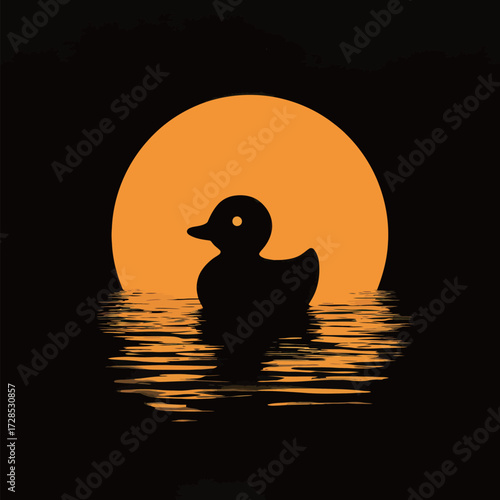 A small duck silhouette floats on calm water, framed by a large orange sun setting in the background, creating a peaceful evening scene.