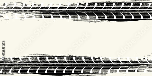 Tire track. Car, bike, motorcycle tyre mark with grunge effect isolated on white background. Wheel footprint on the road. Top view of rubber protector mark