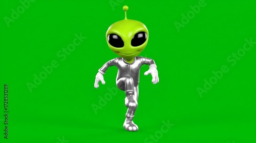 Green Alien Breakdancing on Chroma Key - A cartoon green alien is standing and preparing to breakdance against a green chroma key background. The alien is wearing a silver suit.