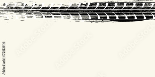 Tire track. Car, bike, motorcycle tyre mark with grunge effect isolated on white background. Wheel footprint on the road. Top view of rubber protector mark