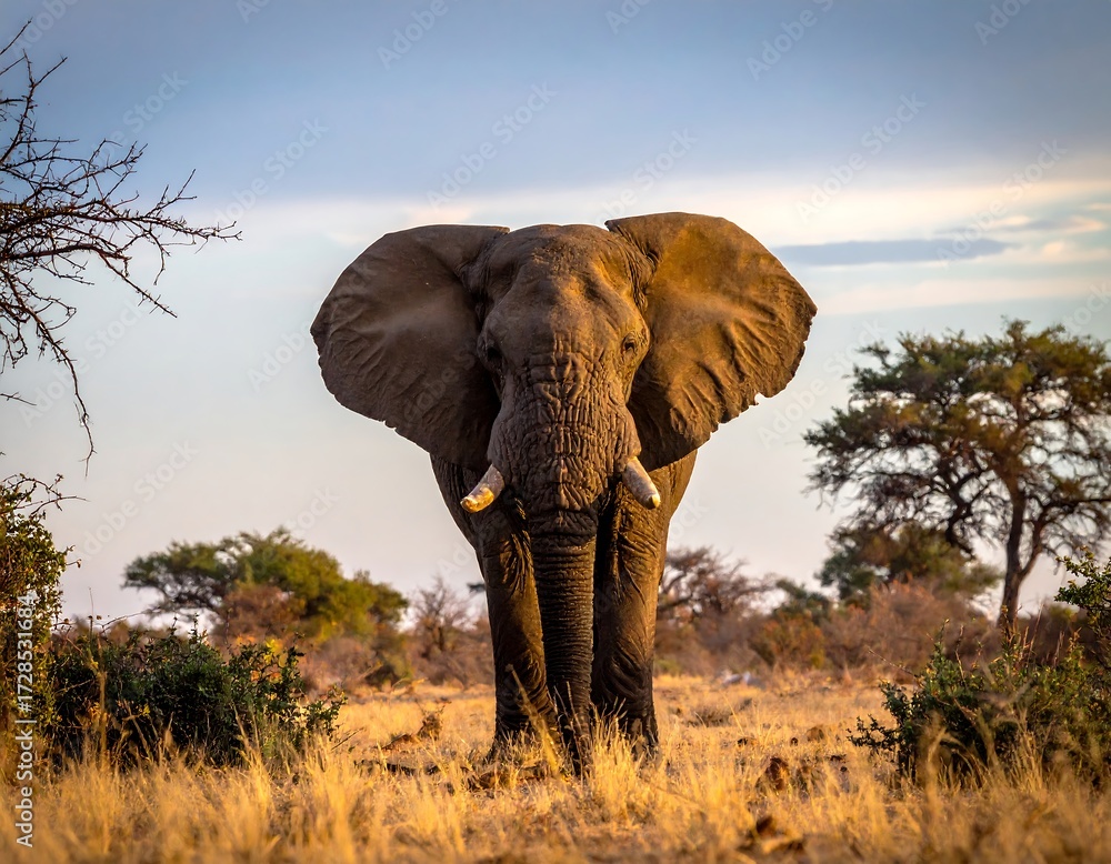 Obraz premium Majestic elephant in savanna at golden hour