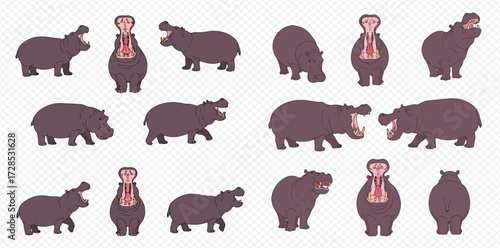 A set of cartoon hippopotamus characters depicted in various poses, including standing, walking, and opening their mouths wide.