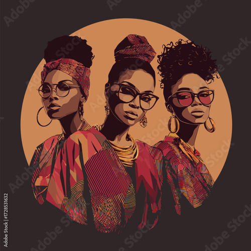 Three fashionable women pose together, each wearing distinct accessories and outfits. Their confidence and style reflect a celebration of culture and beauty.