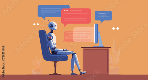 A robot sits in an office chair, focused on a computer screen. Colorful conversation bubbles appear around it, suggesting active dialogue and interaction.