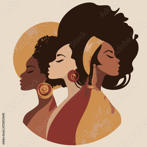 Three women with unique hairstyles and accessories showcase beauty and diversity against a warm background. The artwork highlights confidence and cultural pride.