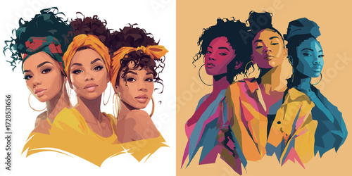 Three young women are featured with different hairstyles, colorful accessories, and bold expressions.
