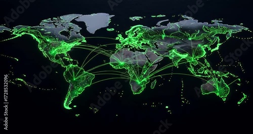 Animated world map displaying global network connections with bright green lines and nodes