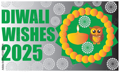 Happy Diwali 2025 festival greeting card design.Colorful Happy Diwali 2025 greeting card with diya lamp, rangoli floral decoration, and  ornaments celebrating the Indian festival of lights.EPS 10/ AI.